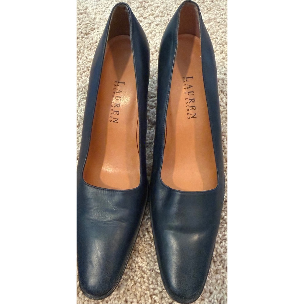 Lauren Ralph Lauren Navy Blue Leather Pumps Almond Toe Block Heel Spain Size 6B - Picture 7 of 7